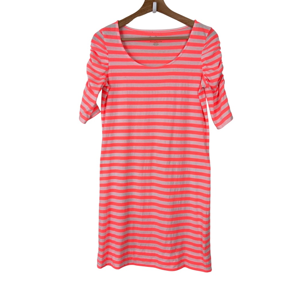 Lilly Pulitzer Kaley‎ T-Shirt Dress Orange White Striped Ruched Sleeve Size MED